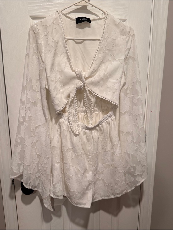 Cider Pants - Cider White Floral Jacquard Romper Small Bell Sleeve Cutout Tie Front Boho